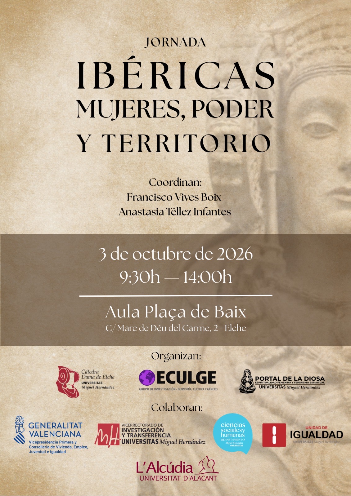 Cartel de la jornada Ibéricas: mujeres, poder y territorio. 3 de octubre de 2026, de 9:30 a 14:00 h, en el Aula Plaça de Baix, Elche. Coordinan Francisco Vives Boix y Anastasia Téllez Infantes.