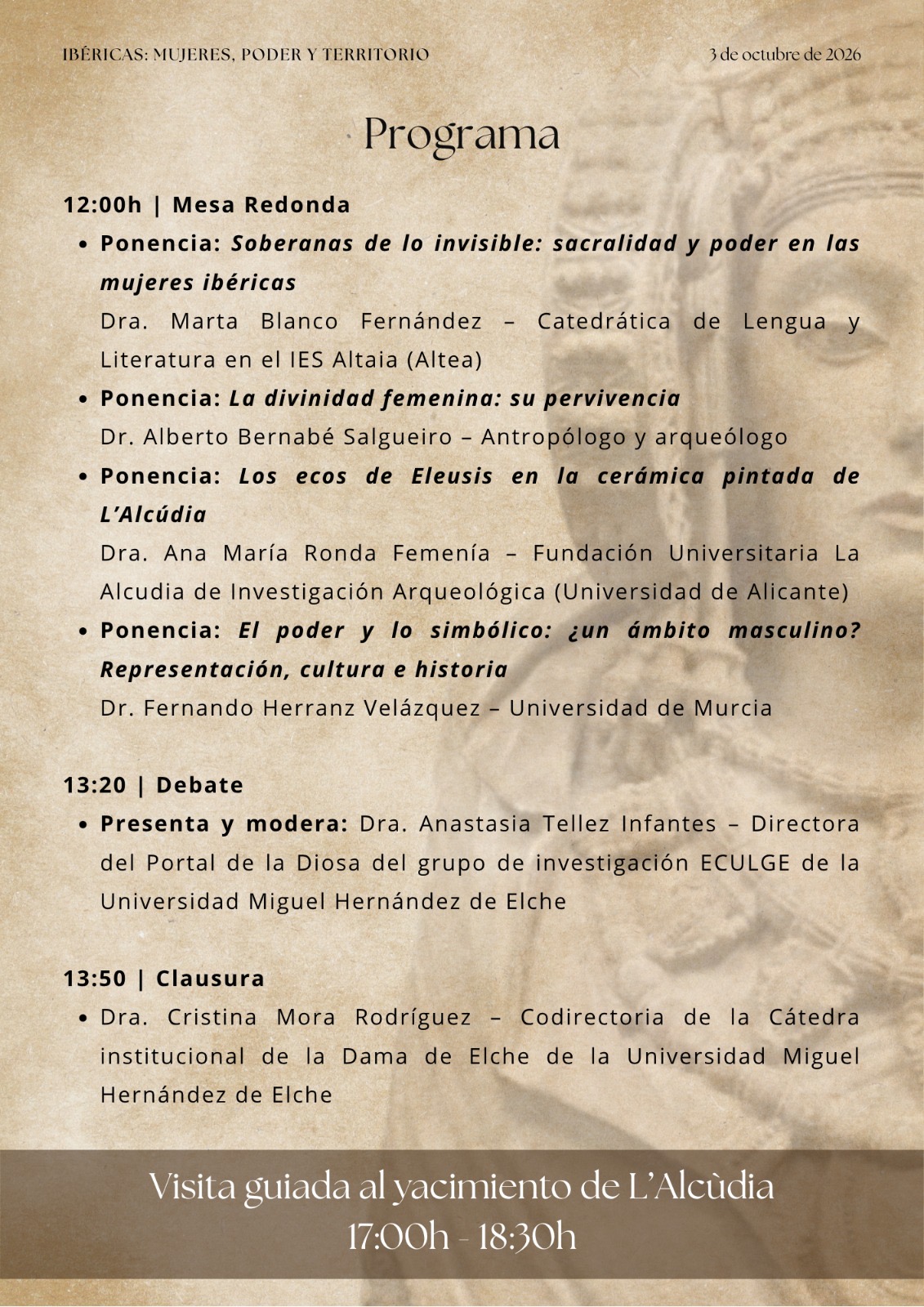 Programa, página 2: mesa redonda a las 12:00 con Marta Blanco Fernández, Alberto Bernabé Salguero, Ana María Ronda Femenía y Fernando Herranz Velázquez; debate a las 13:20; clausura a las 13:50 y visita a L’Alcúdia de 17:00 a 18:30.